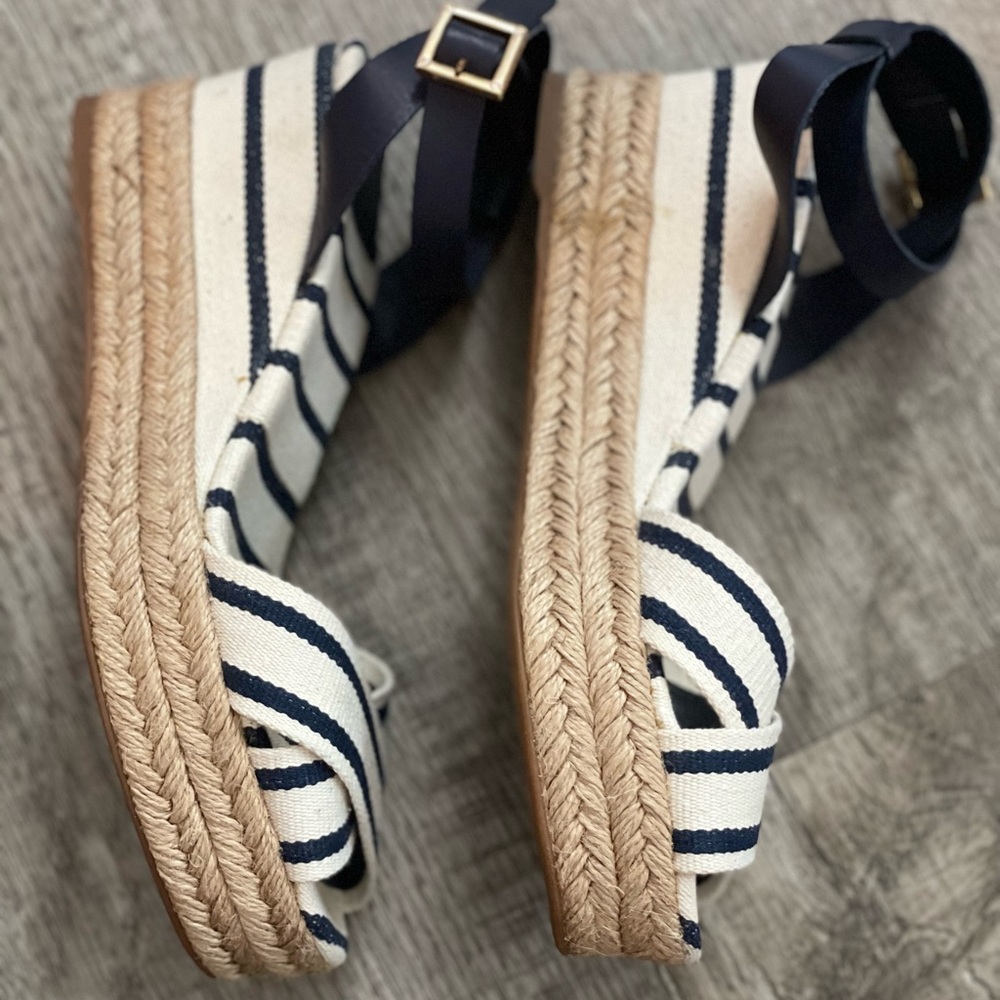Tory Burch Navy and White Striped Espadrille Wedge Sandals - Picture 4 of 11